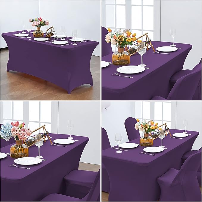 CWK 6FT Waterproof Stretch Spandex Table Cover for Rectangular Tables - Elastic Fitted Tablecloth for Folding Tables,Wrinkle Resistant Table Cloth for Parties, Weddings, Banquets & Events (Dark Puple)