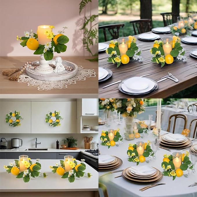 4Pcs Lemon Candle Rings Wreaths 3inch Center Decorative Greenery Candle Holder Rings with Flowers Spring Mini Wreaths for Pillar Wedding Farmhouse Front Door Wall Table Centerpiece Home Decorations