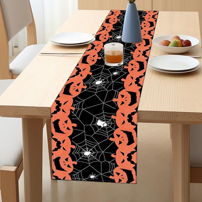 Halloween Table Runner Black and Orange Pumpkin Spider Web Table Linen Runner Halloween Decoration 13x36 Inch Table Runner for Dinning Kitchen Indoor Outdoor Halloween Kitchen Decor
