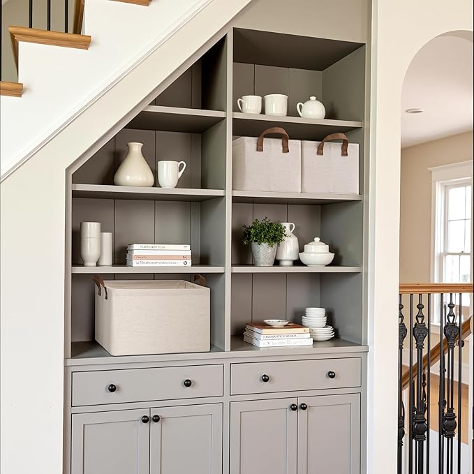 StorageWorks Storage Bins, Shelves Baskets for Organizing, Large Fabric Closet Organizers with Handles, Metal Frame, Beige(Cotton-linen), 2-Pack