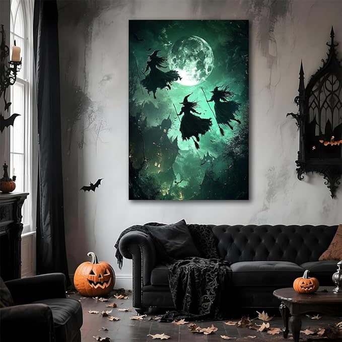 Flying Three Witches Halloween Canvas Wall Painting,Witches on Broom Under Full Moon Castle Victorian Decoration Haunted House Retro Poster for Living Room Bedroom Gallery,8"x12" Framed