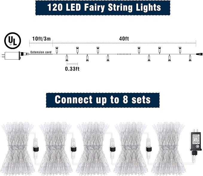 120 LED Orange Halloween Lights, 40 FT Halloween Lights Outdoor Clear Wire with 8 Modes, Plug in Waterproof Orange Fairy String Light for Indoor Christmas Halloween Thanksgiving Decorations