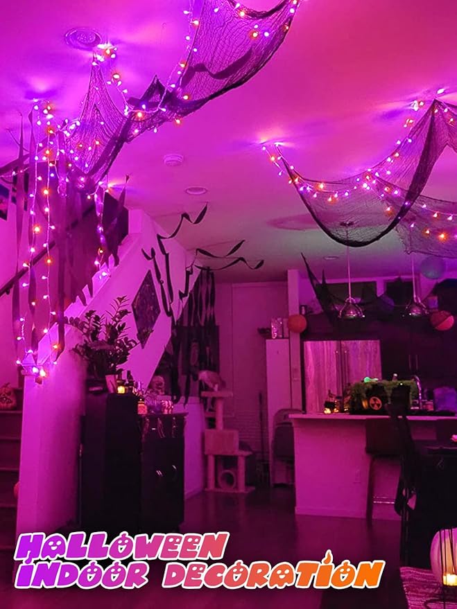 2 Pack Halloween String Lights Battery Operated with Timer, 66FT 200 LED Waterproof Orange and Purple Lights, Twinkle Fairy Light with 8 Modes for Indoor & Outdoor Party Bedroom Halloween Decorations