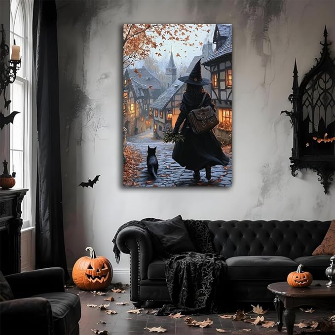 Autumn Witch And Black Cat Picture Wall Decor,Halloween Canvas Vintage Rustic Wall Art,Preppy Bedroom Living Room Bathroom Poster Print,8"x12" Framed