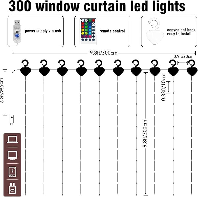 FUNPENY Window Curtain String Lights, 300 LED 8 Lighting Modes Fairy Lights USB Powered, Waterproof Lights for Christmas Bedroom Party Wedding Home Garden Wall Decorations (RGB Color Changing)