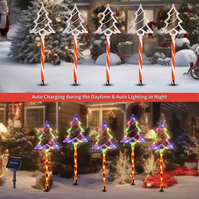 Christmas Solar Pathway Lights Outdoor Decorations, 8 Modes Xmas Tree Candy Lights Waterproof Led Garden Stake Light for Walkway Yard Lawn Porch Holiday Decor 5-Pack (Multicolor Tree, 10 Pack)