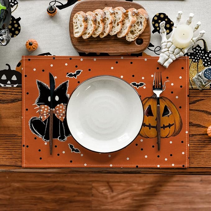 Artoid Mode Orange Polka Dot Ghost Pumpkin Cat Boo Halloween Placemats Set of 4, 12x18 Inch Seasonal Table Mats for Party Kitchen Dining Decoration
