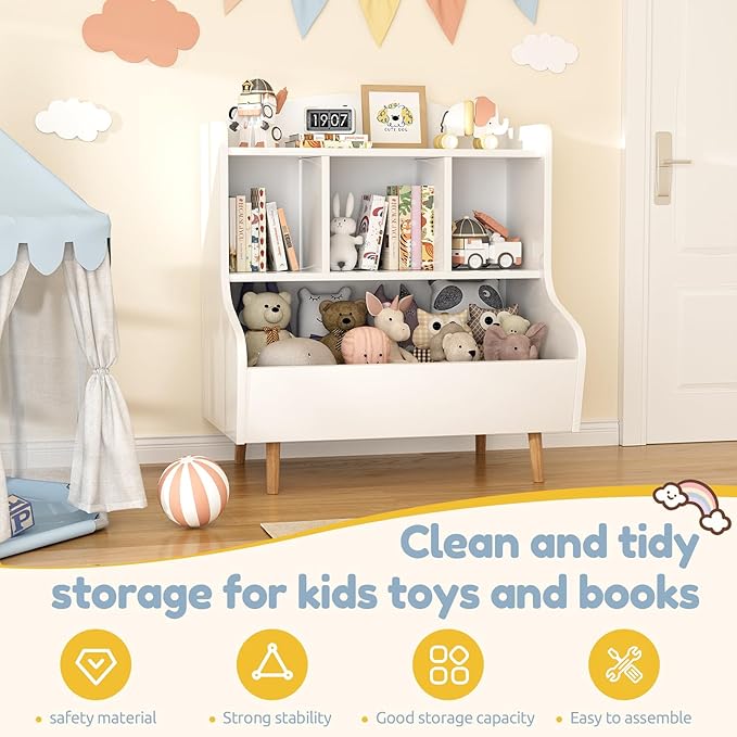 Toy Storage Organizer, 3 Tier Floor Standing Toddler Bookshelf with Legs, 5 Cube Kids Bookshelf and Toy Storage, Book Shelf for Kids Room, Living Room, Nursery, White
