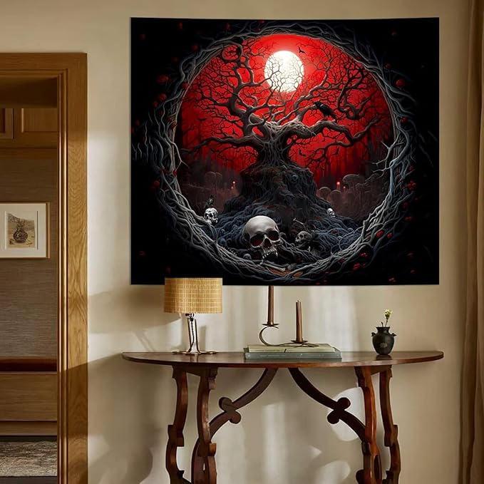 Atrippy Halloween Black Red Anime Tapestry, Gothic Dark Forest Moon Wall Hanging, Nature Skull Withered Tree Landscape Tapestries for Bedroom Living Room Men Dorm 60x 79 Inches