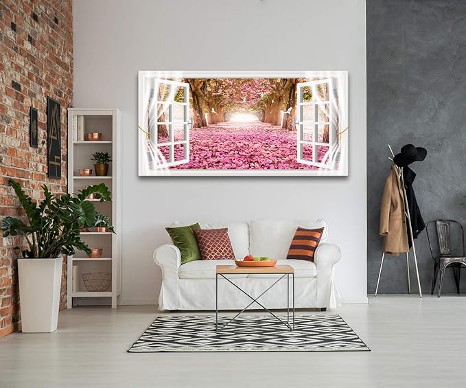 AH40174 Wall Art CanvasTrees and Pink Rose Paintings Printed Pictures Stretched and Framed Ready to Hang for Home Decorations Office Wall Decor Artwork 28x56inch