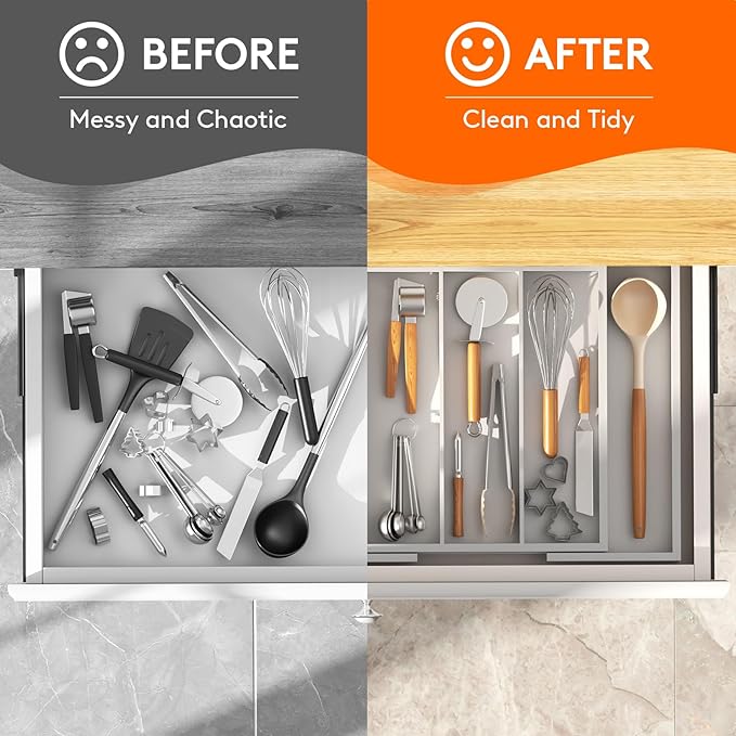 Lifewit Utensil Organizer for Kitchen Drawer, Expandable Cooking Utensil Tray, Bamboo Cutlery Silverware Flatware Holder, Adjustable Spatula Tools and Gadgets Storage Divider, Large, White