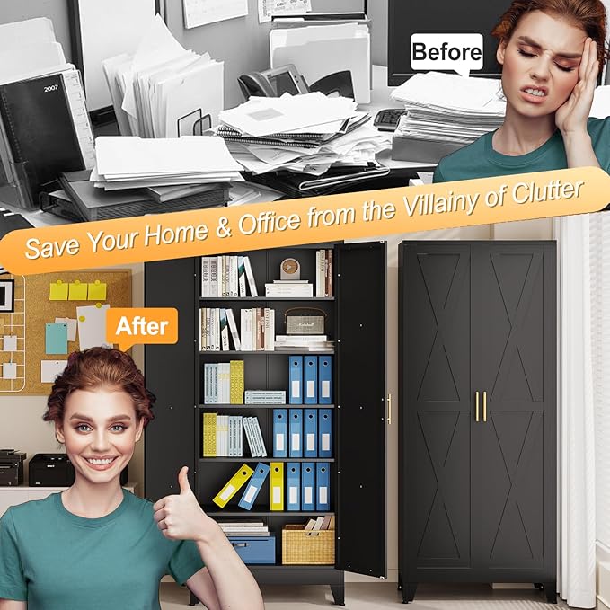 75" Tall Metal Kitchen Pantry Storage Cabinet, Freestanding Cupboard with 2 Doors and 5 Adjustable Shelves, Standing Storage for Kitchen, Bathroom, Garage, Dinning Room or Utility Room(Black)