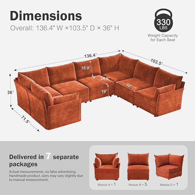 136.4" Oversized Modular Sectional Sofa, U Shaped Convertible Couch with Movable Ottoman, Large 7 Seat Corner Couches for Living Room Deep Seat Terracotta Orange Chenille