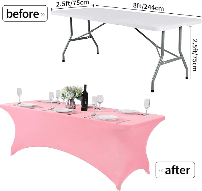 2Pack Spandex Table Cover for 8FT or 4ft or 6ft Table Universal Fitted Stretch Tablecloth for Party, Banquet, Wedding and Events-Rose Quartz