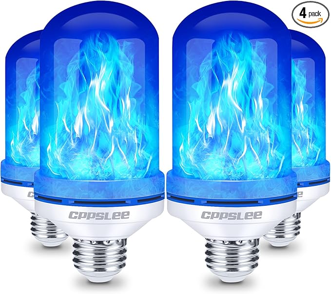 CPPSLEE Upgraded LED Flame Light Bulbs, 4 Modes Flickering Light Bulbs, E26 Base Fire Flame Bulb for Halloween Decorations Outdoor, Christmas Lights Patio Indoor Home Decor (Blue, 4 Pack)