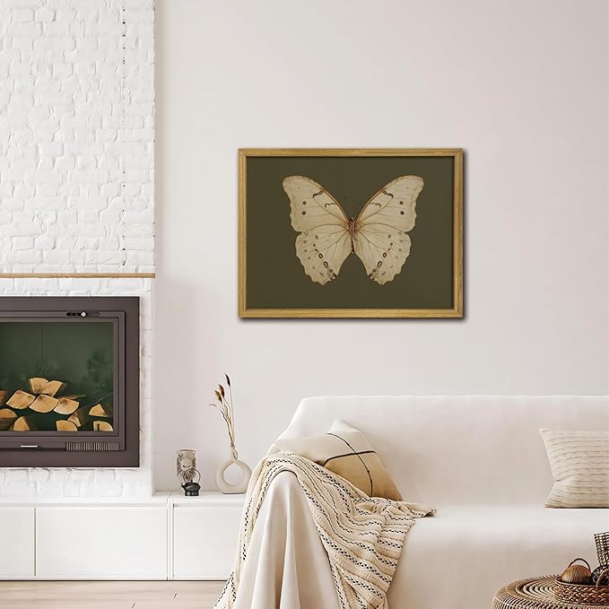 Wood Framed White Butterfly Wall Art, Vintage Butterfly Oil Paintings, Dark Moody Insect Canvas Prints, Boho Sage Green Wall Decor, for Bedroom Kitchen Bathroom Cottagecore Room Decor - 16x24 Inch