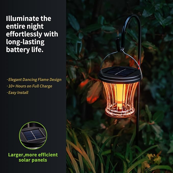 Glass Solar Lantern Outdoor Lights Waterproof, Flickering Flame Solar Lights with Modular Design, Auto On/Off Decorative Hanging Lanterns for Patio Garden Pathway Camping Deck Yard (2 Pack)
