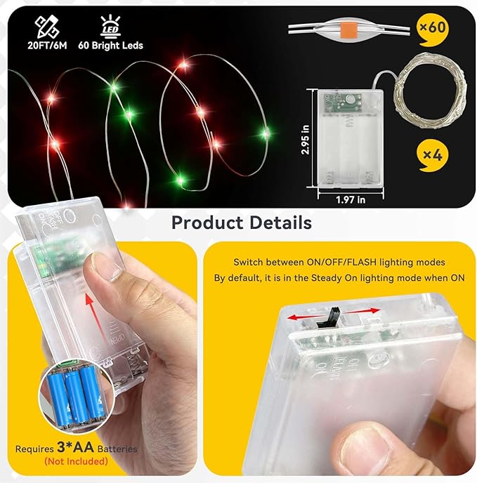 4 Pack 60LED Christmas Fairy Lights Battery Operated - 20FT Twinkle Lights with 2 Lighting Modes Indoor Outdoor, Waterproof Led Fairy String Lights for Bedroom, Classroom, Dorm, DIY Decor, Red & Green