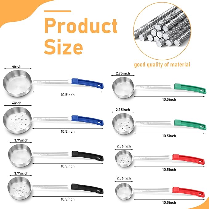 16 Pcs Portion Control Serving Spoons, Restaurant Measuring Serving Ladle Utensils, Portion Control Slotted Scoops for Weight Loss, Solid and Perforated Scoops(4 Colors,4 Sizes)