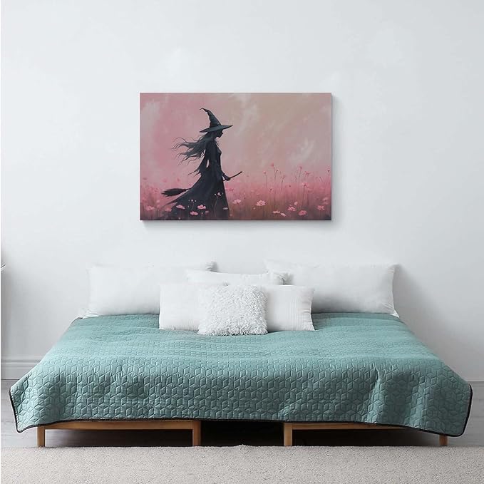 JFHCQJPK Witch in the pink sea of flowers Halloween prints weird flowers wall art silhouette painting fashionable romantic decoration suitable for bedroom16x24in Frameless