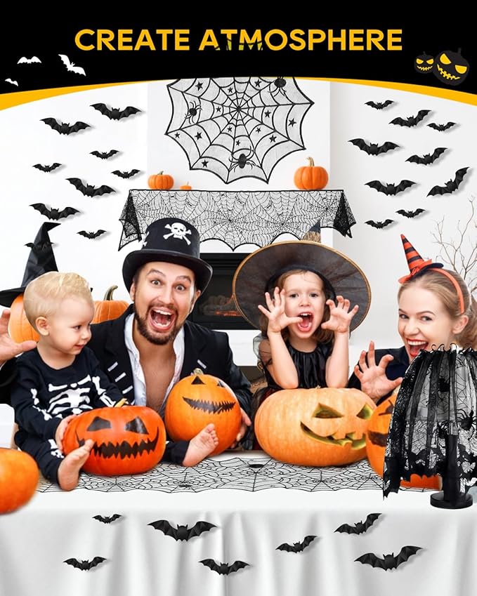 eZAKKA 5 Pack Halloween Decorations Indoor Halloween Spider Web Tablecloth Table Runners Fireplace Mantel Scarf Cobweb Lampshade Scary 3D Bats for Parties Gothic Spooky Home Decoration