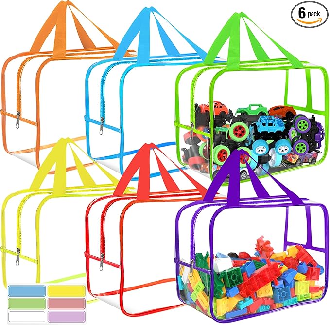 6 Colors Widen X-Large Toy Storage Bags 12.6×9.25×6.9In with Labels, Reusable Clear PVC Board Game Storage, Travel Waterproof Organizer Bags with Zipper for Building Blocks, Puzzle, Stuffed Animals