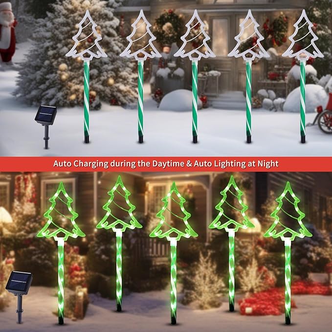 Christmas Solar Pathway Lights Outdoor Decorations, 8 Modes Xmas Tree Candy Lights Waterproof Led Garden Stake Light for Walkway Yard Lawn Porch Holiday Decor 5-Pack (Green Tube Tree, 5 Pack)