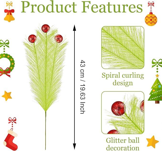 10 Pcs Christmas Tree Topper - 17" Christmas Tree Picks and Sprays Lime Green Curly Stems with Red Ball Artificial Xmas Decorations for Vase Fillers Wreath Home Party Holiday Docor