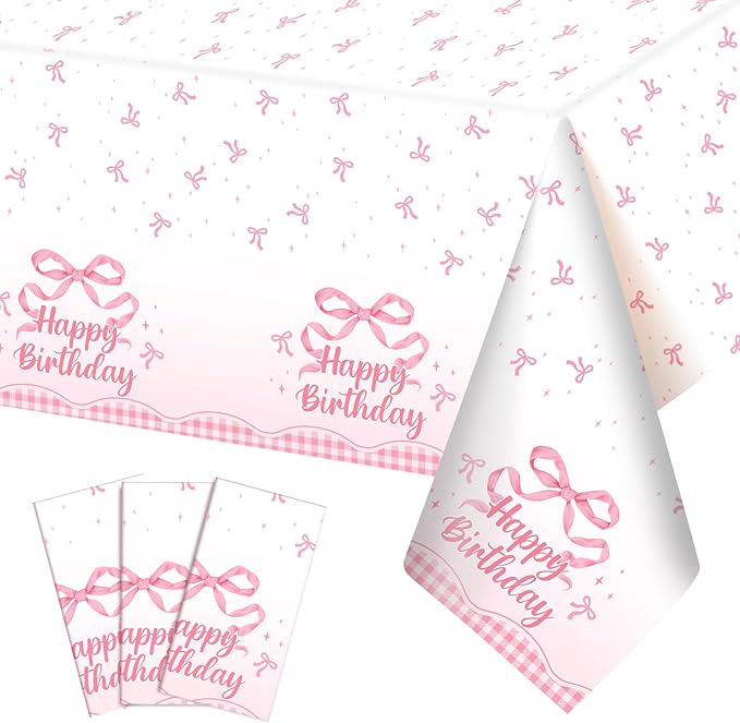 3 Pack Coquette Pink Bow Plastic Tablecloth, 54 X 108Inch Disposable Pink Bow Table Cloth for Rectangle Tables Waterproof Table Cover for Girls Bridal Wedding Birthday Party