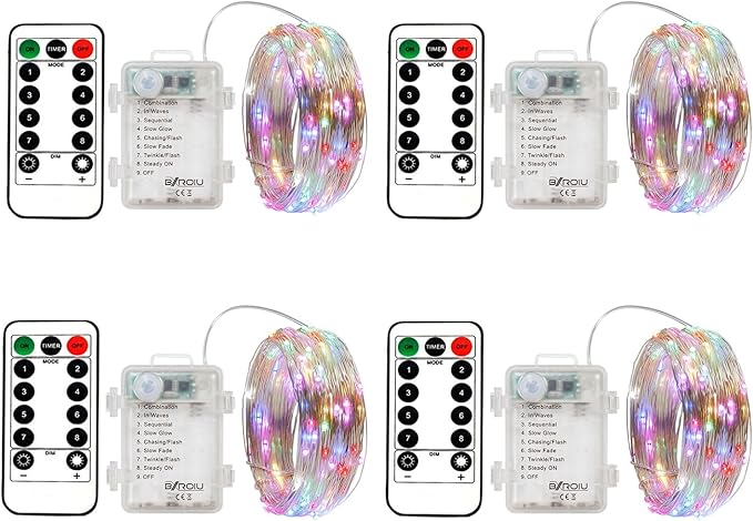 4 x Fairy Lights Battery Operated 8 Lighting Modes,50LEDs,16.4Ft/5 Meters Silver Wire String Lights,Timer Function,and Remote Control.for Christmas,Party,Wedding,Decorative Lighting
