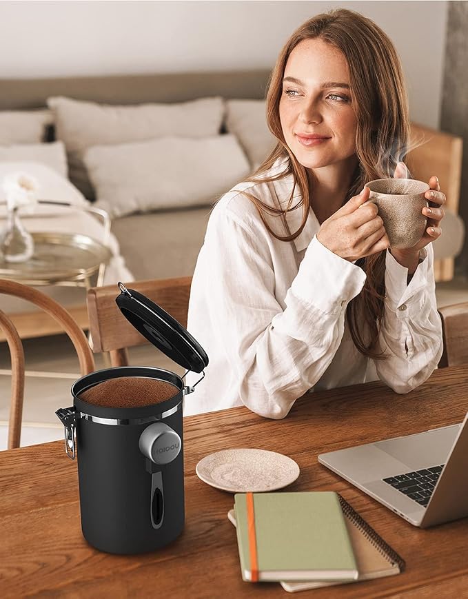 HAIOOU Large Coffee Canister, 38OZ Oversized Stainless Steel Coffee Bean Storage Container with Date Tracker, Measuring Scoop, CO2 Releasing Valves for Beans, Grounds and more - Black