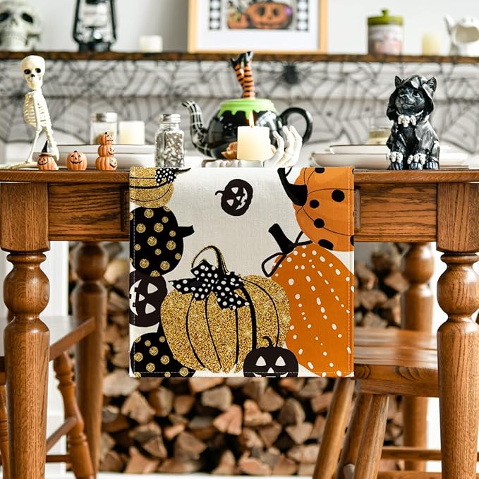 Artoid Mode Halloween Jack-O-Lantern Pumpkin Table Runner, Holiday Kitchen Dining Table Decoration for Indoor Outdoor Home Party Decor 13 x 48 Inch