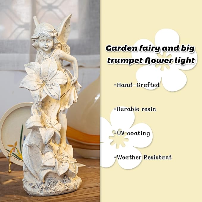 Angel Garden Statue Outdoor, Solar Powered Resin Garden Sculptures Fairy Angel Statues Waterproof LED Lights Yard Art Decorations for Outside Patio Lawn Ornament Gardening Gifts