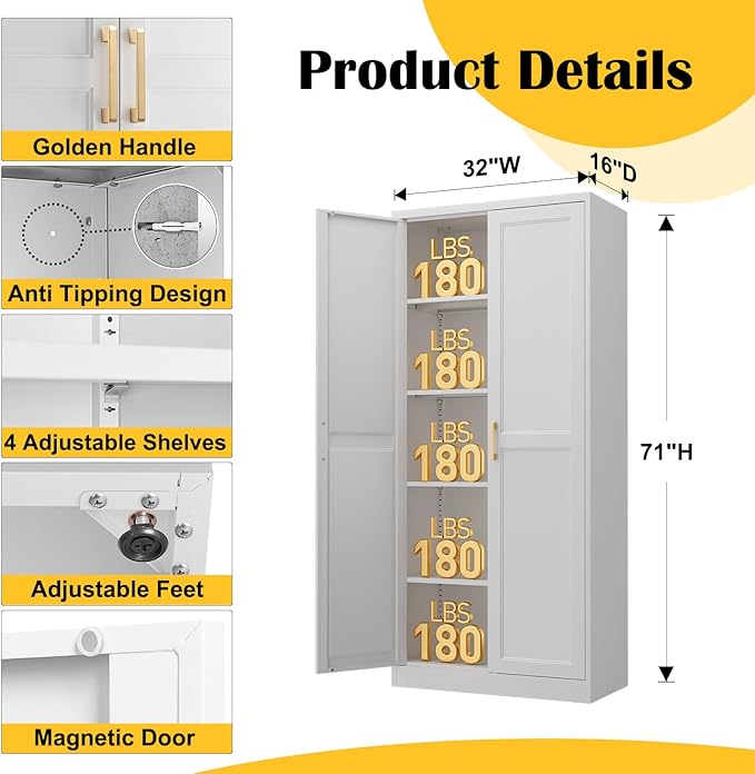 Kitchen Pantry Cabinet,71”White Metal Pantry Storage Cabinet with Doors and 4 Adjustable Shelves,Kitchen Cabinet with 2 Gold Handles,Tall Cabinet for Livingroom,Pantry, Bathroom,Kitchen