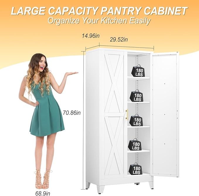 71" H Metal Kitchen Pantry Storage Cabinet, Freestanding Cupboard with 2 Doors and 4 Adjustable Shelves, Standing Storage for Kitchen, Bathroom, Garage, Dinning Room or Utility Room(White)
