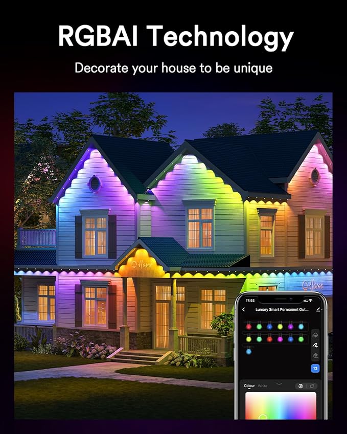Lumary Permanent Outdoor Lights Pro 158ft for House, 120LED 50lm RGBAICW Smart Eave Lights, IP67 Waterproof, Multi Scenes for Daily and Holiday Accent Lighting Decor, Work with Alexa, Google, Remote
