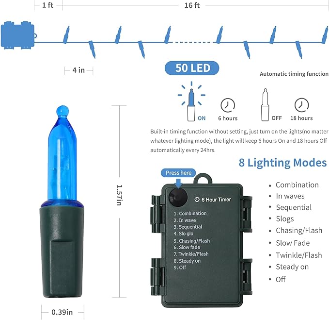 WATERGLIDE 2 Pack 50 LED Outdoor Christmas Lights, 16FT Battery Operated Mini String Lights with 8 Modes & Timer, Xmas Tree Lights Waterproof for Patio Garden Party Wedding Holiday Decor, Blue