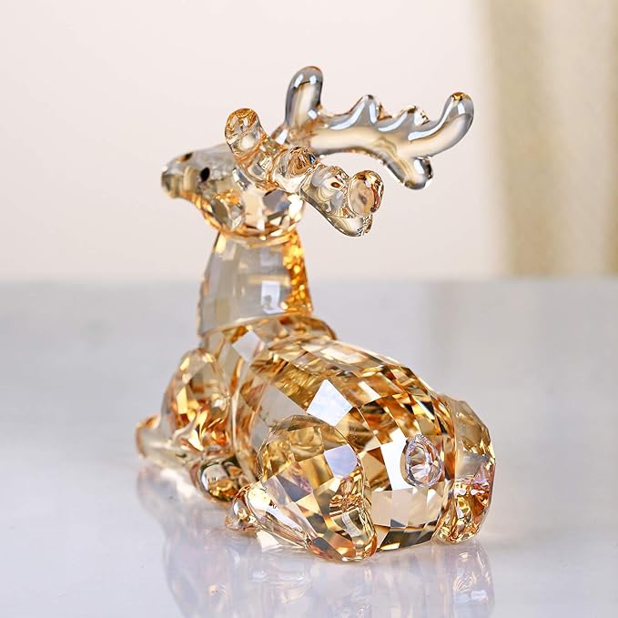 DOJOZ Crystal Deer Animals Lovely Elegant Craft Decorations for Home Ornaments Christmas Collectible Birthday Gifts Reindeer Figurines (Gold)