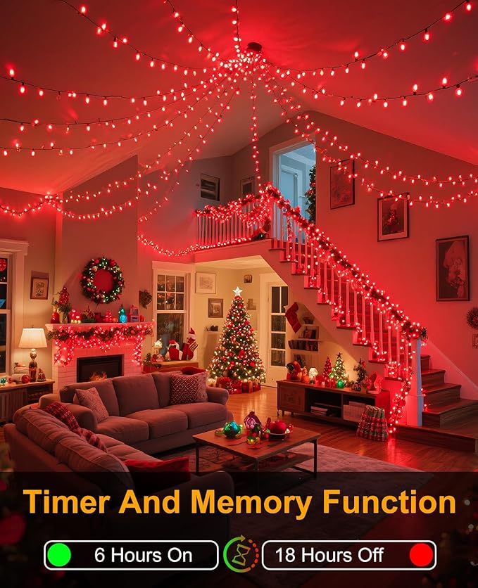 197FT 600 LED Christmas Lights Outdoor, Plug in Christmas Tree Lights 8 Modes, Waterproof String Twinkle Lights for Indoor Room Patio Yard Fence Party Wedding Holiday Decorations, Red