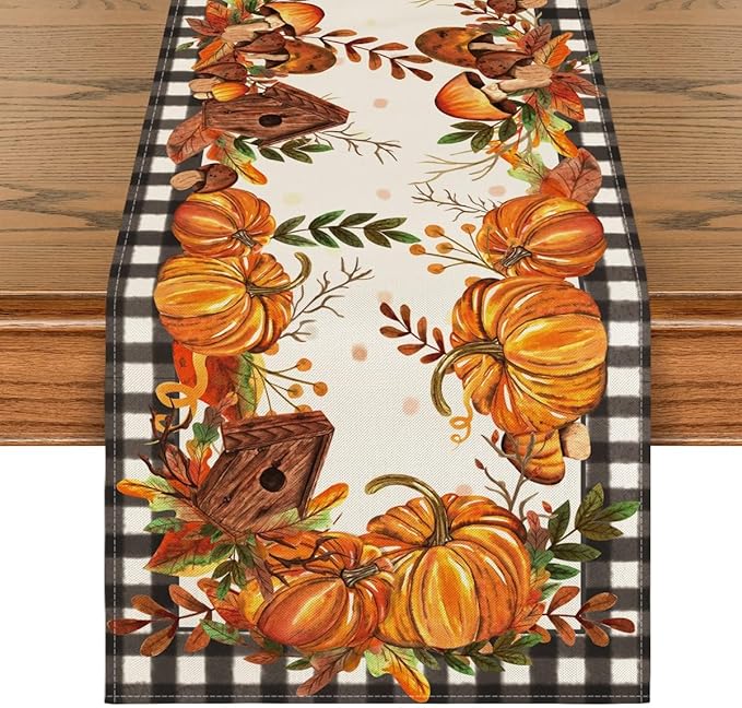 Artoid Mode Buffalo Plaid Pumpkin Mushroom Birdhouse Leaves Fall Table Runner, Autumn Kitchen Dining Table Decoration for Home Party Decor 13x60 Inch