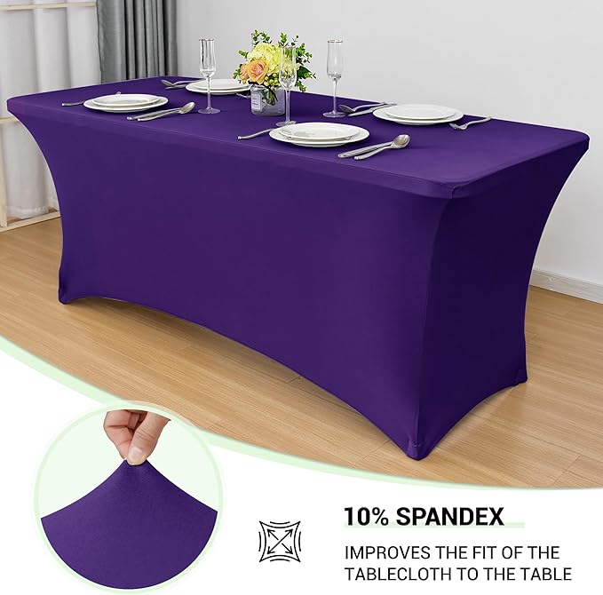 Obstal 4Ft Stretch Spandex Table Cover for Standard Folding Tables - 2 Pack Universal Rectangular Fitted Tablecloth for Party, Banquet, Events, Trade Show (Dark Purple, 48L x 24W x 30H Inches)