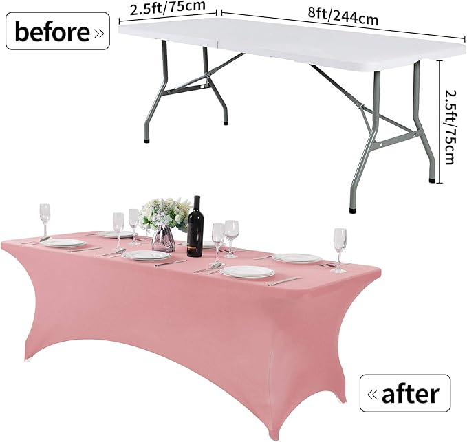 2Pack Spandex Table Cover for 8FT or 4ft or 6ft Table Universal Fitted Stretch Tablecloth for Party, Banquet, Wedding and Events-Dusty Pink