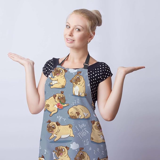Paint Apron for Men Pug Puppies Dog Cartoon Bull Terrier Funny Aprons for Women for Kitchen Cooking Restaurant BBQ Painting Crafting Gardening 27” (W) x 31” (H), Waterproof Aprons