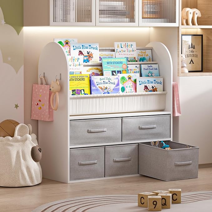 NACHES Kids Bookshelf and Toy Storage Bins, Children Bookcase Toddler Book Display Cabinet with 5 Toy Organizer Boxes for Playroom,Reading Room,Toddler Room,Nursery,Classroom