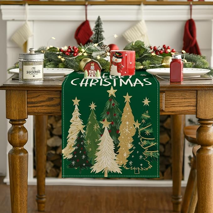 Artoid Mode Xmas Trees Snowflakes Green Merry Christmas Table Runner, Winter Seasonal Kitchen Dining Table Decoration for Home Party Decor 13x72 Inch