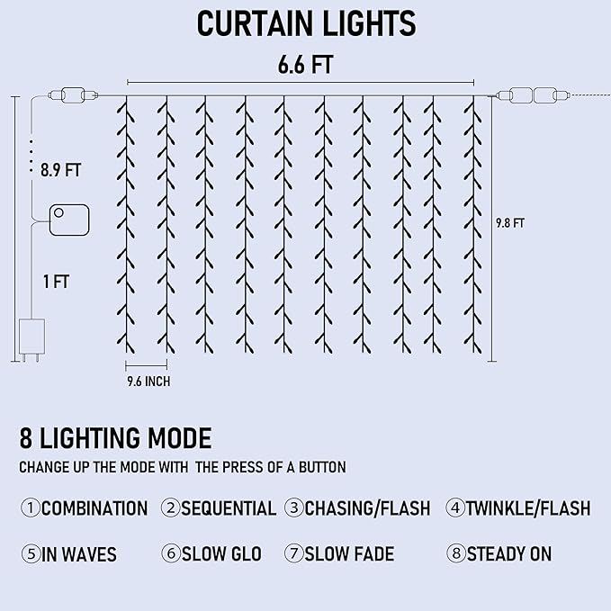 FUNPENY Window Curtain String Lights, 300 LED 8 Lighting Modes Fairy Lights USB Powered, Waterproof Lights for Christmas Bedroom Party Wedding Home Garden Wall Decorations (White)
