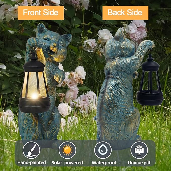 Garden Statues Cat with Solar Lantern Outdoor Bunny Figurines Decorations for Patio Yard Lawn Ornaments Gifts for Birthday Easter Housewarming Mother's Day