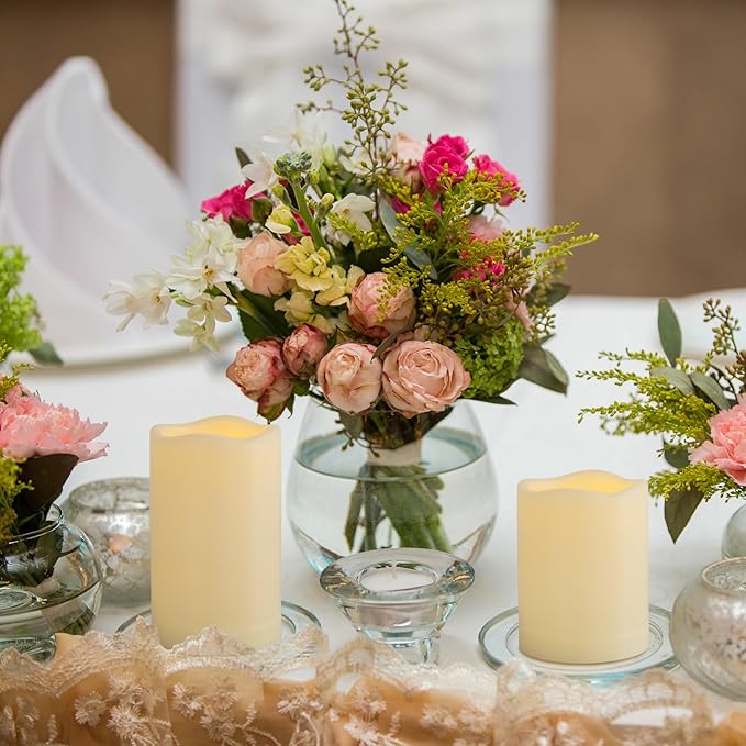 3" x 5" Outdoor Flameless Candles with Remote and Timer, Battery Operated LED Flickering Plastic Pillar Candles for Home Wedding, Ivory, 1 Pack