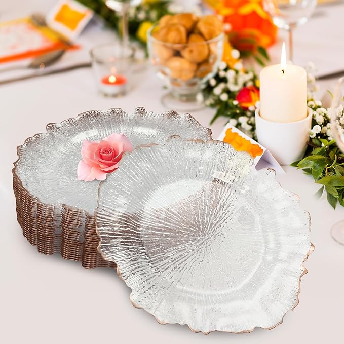 Charger Plates Set Round Embossed Dinner Plate Chargers Plastic Elegant Floral Plates for Dinner Wedding Party Event Table Kitchen Decoration 25PCS (Clear Gold 25pcs)