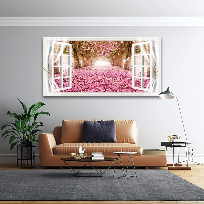 AH40174 Wall Art CanvasTrees and Pink Rose Paintings Printed Pictures Stretched and Framed Ready to Hang for Home Decorations Office Wall Decor Artwork 28x56inch